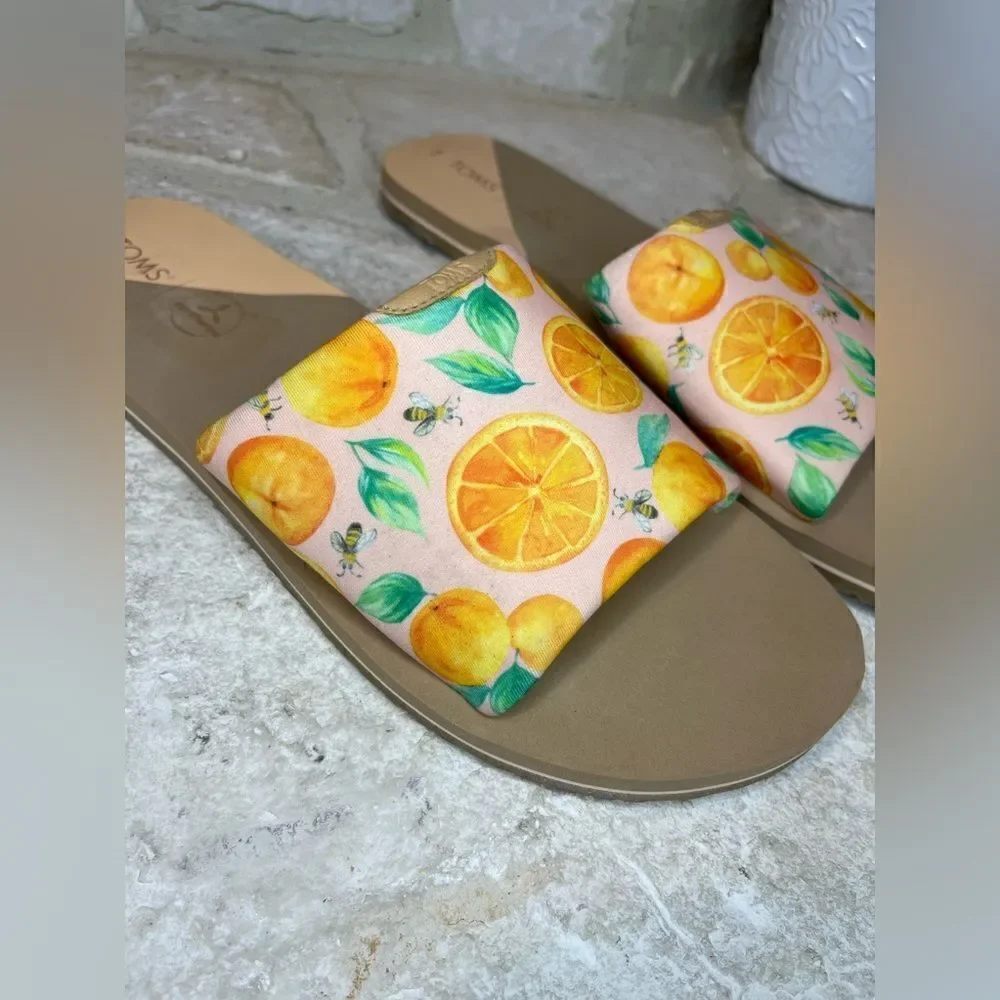 TOMS Carly Pale Pink Fabric Sunkissed Oranges Slip On Slides Sandals sz 11
